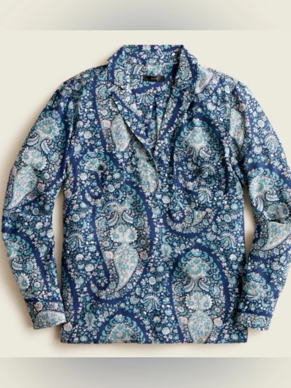 J. Crew Women’s Washable 100% Silk Popover Blouse Oversized Paisley Blue Size M